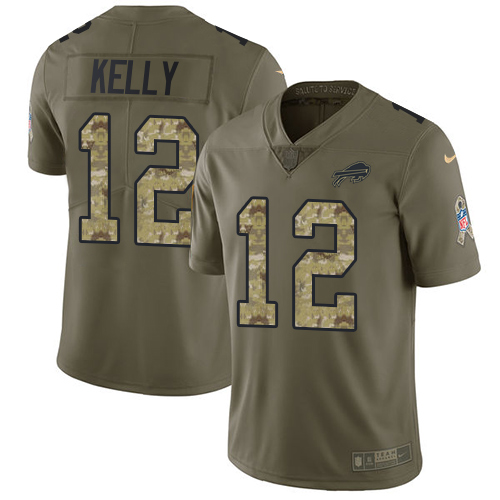 Nike Bills #12 Jim Kelly Olive/Camo Men's Stitched NFL Limited Salute To Service Jersey